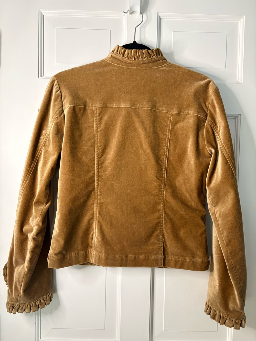 Tyler Boe Ruffle-Trim Velvet Jacket in Camel - Picture 6 of 6